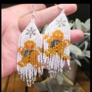 Handmade Beaded Holiday Christmas Gingerbread Man Fringe Earrings